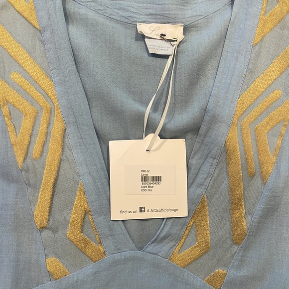 $295 LACE The Label
V-Neck Embroidered Ruffle Baby blue Gold Dress - Picture 2 of 4